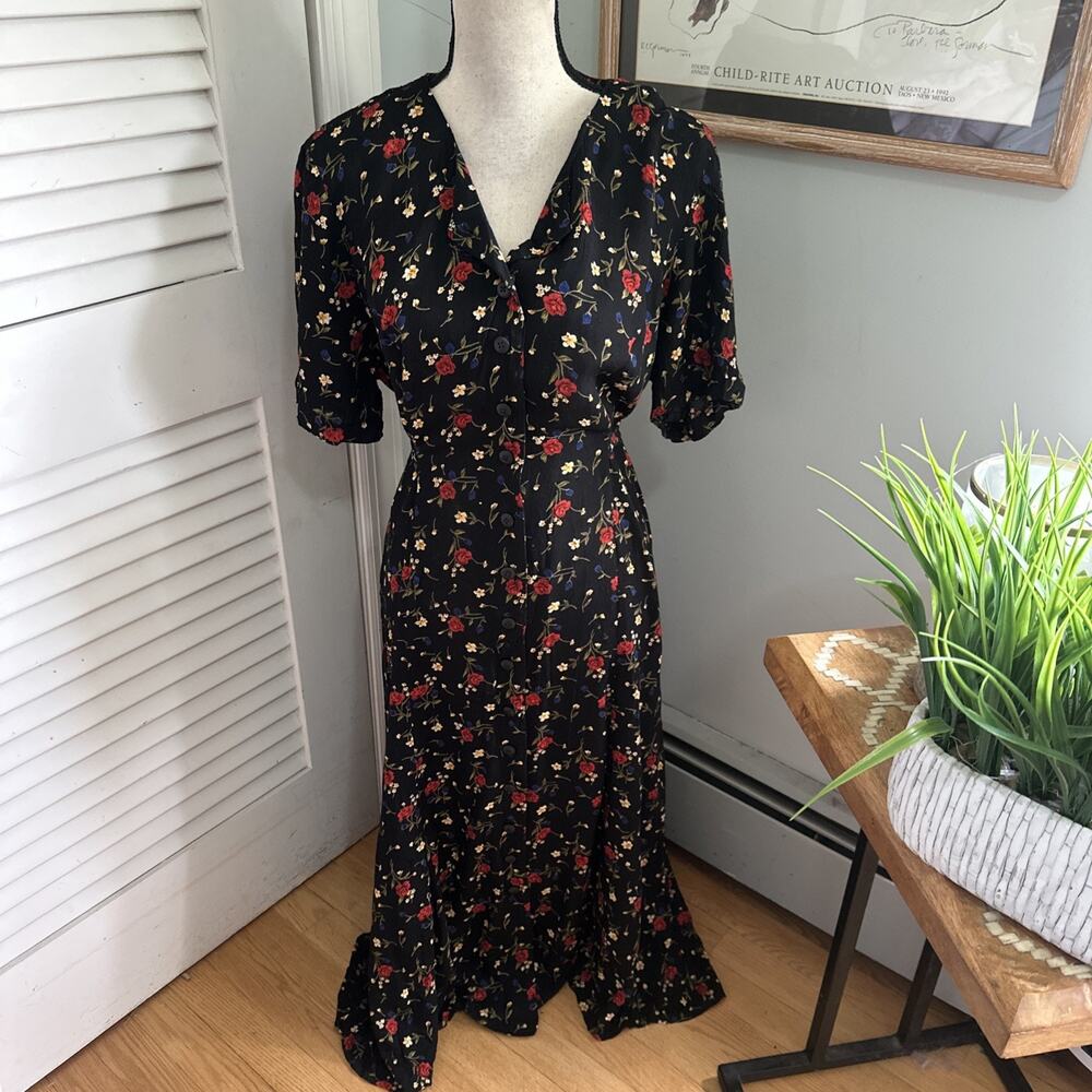 Vintage Sunshine Starshine Dress 16 Black Floral Midi Tie Back Retro 90s Boho